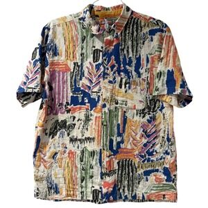 Urban Outfitters Painted Linen Button Down Shirt Mens Large Short Sleeve Artcore